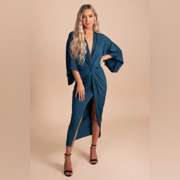 Teal Asymmetrical Ruched Dress - Picture 1 of 2